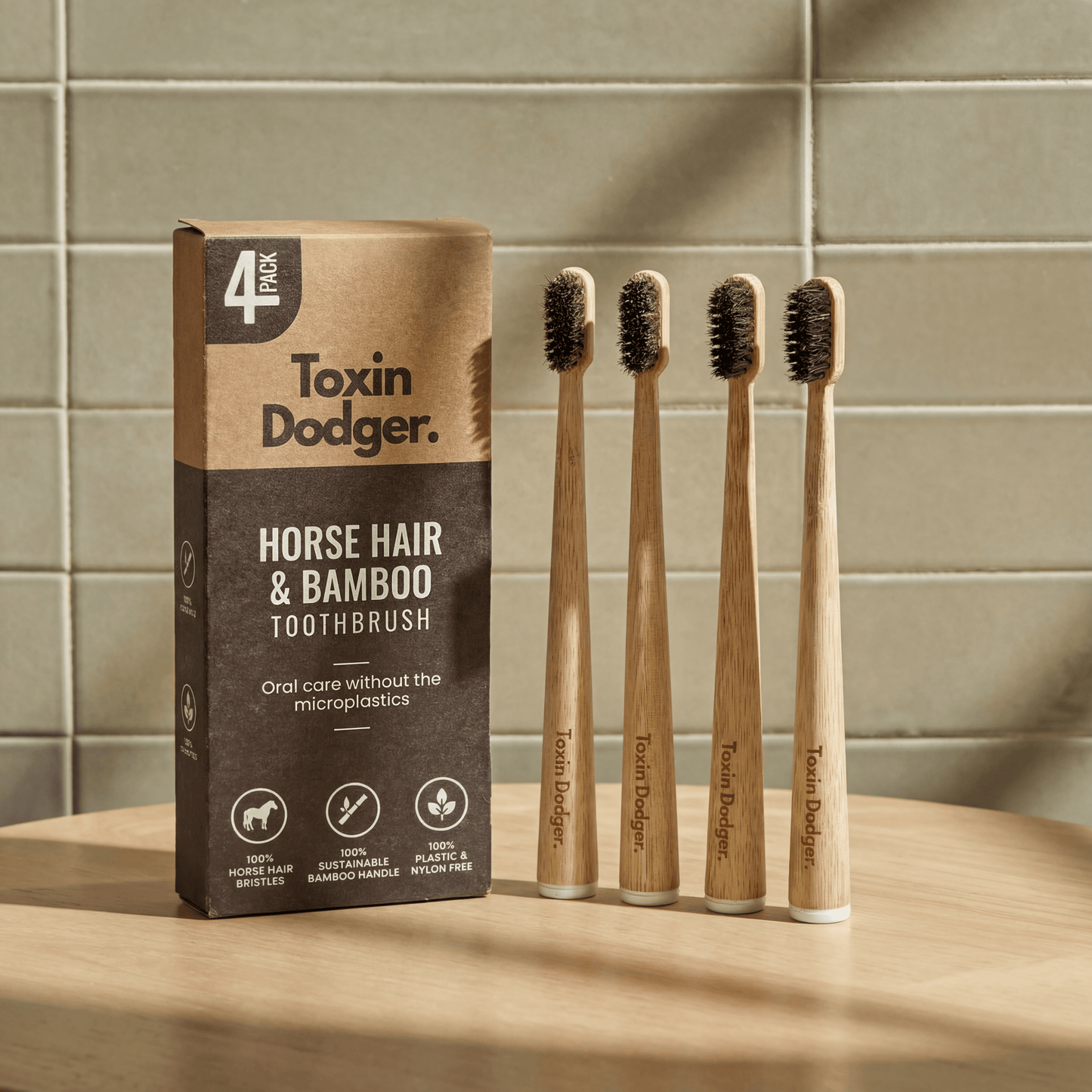 Boar Bristle Toothbrush (4 Pack) - boar or horse hair and bamboo - Toxin Dodger