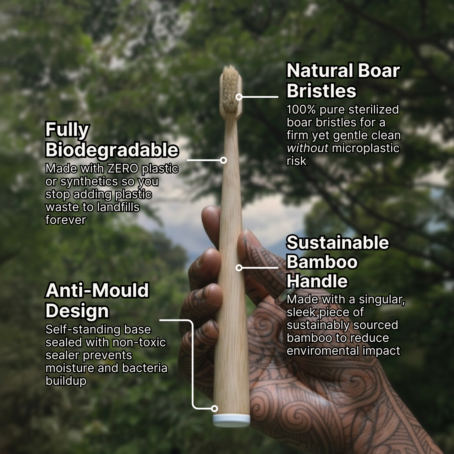 Microplastic-Free Boar Bristle & Bamboo Toothbrush (4 Pack)