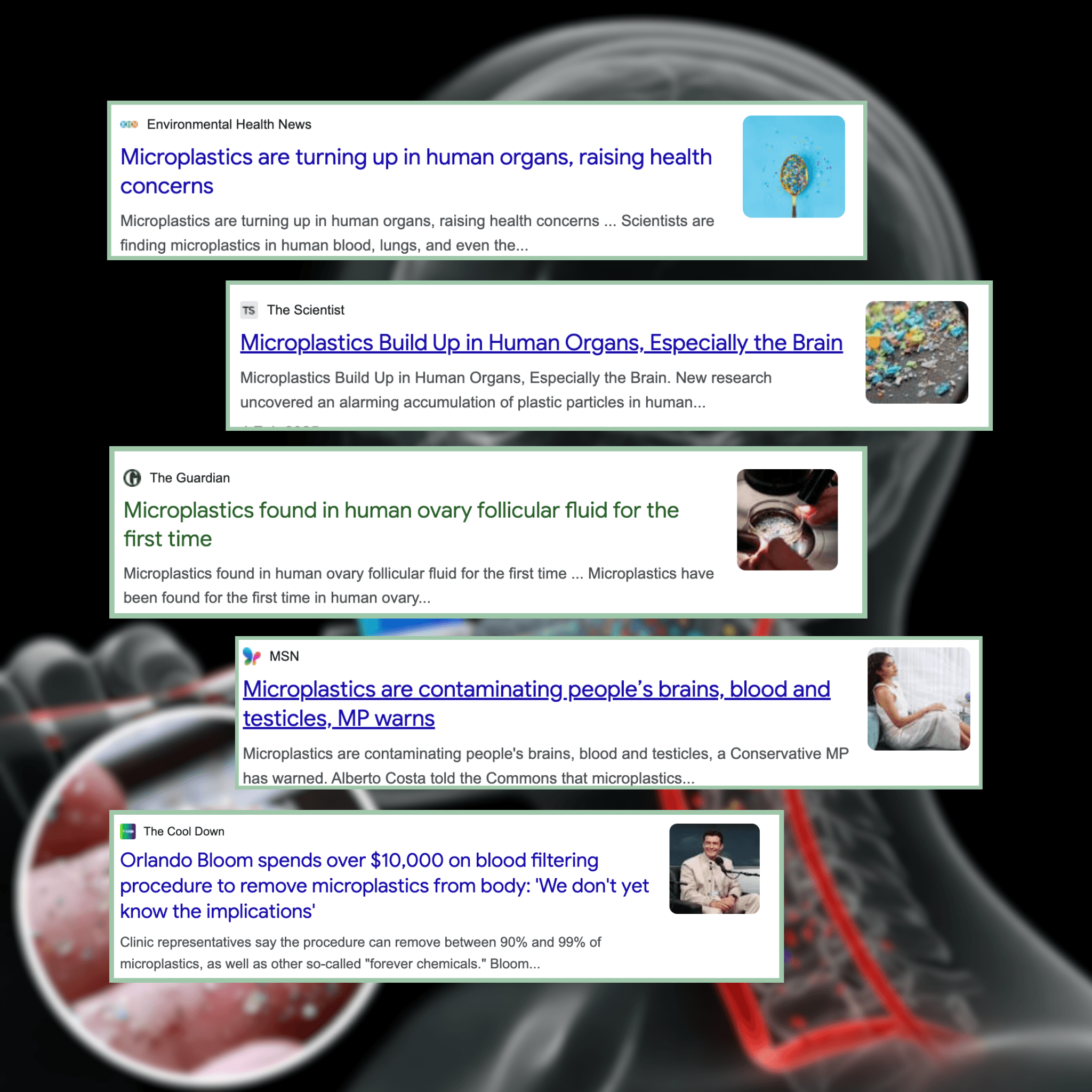 News headlines about microplastics found in human organs